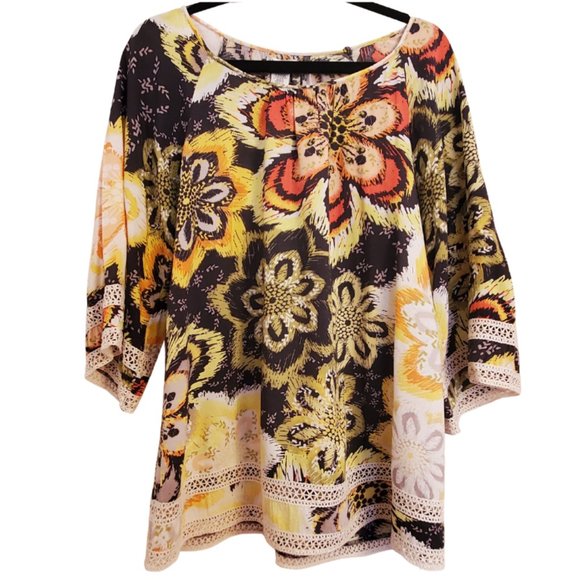 Hannah Tops - Hannah Boho Floral Bell 3/4 Sleeve Blouse Tunic Crochet Lace Trim Sz Small